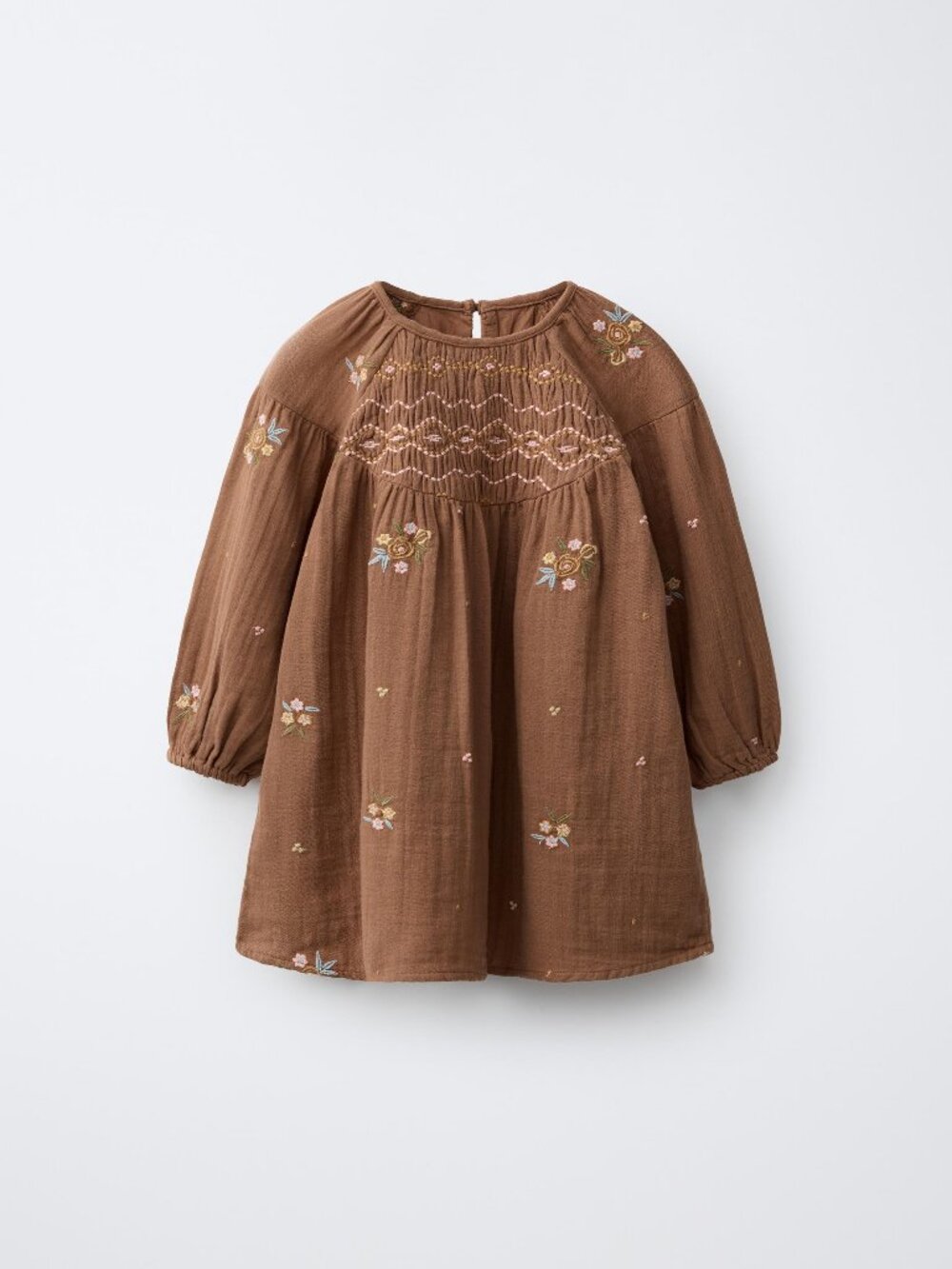 Zara Girls Caramel Embroidered Floral Dress, Long Sleeve, Size 4, NWT